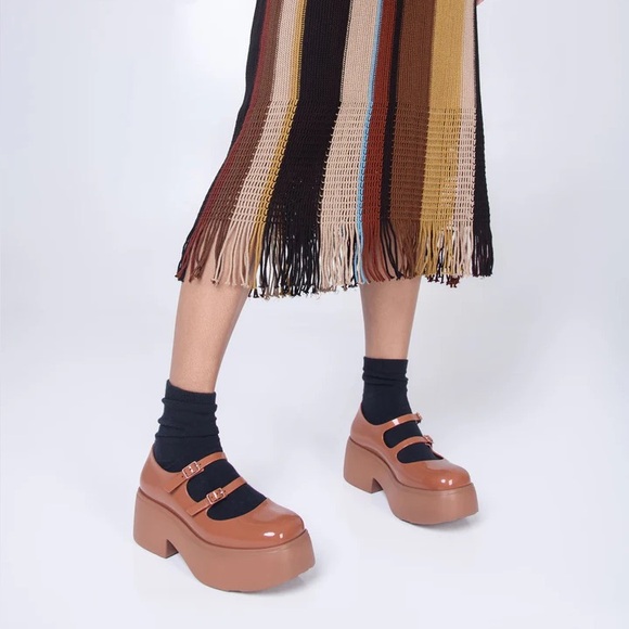 Melissa Shoes - Melissa Platform Mary Jane Shoes in Tan Brown with Black Straps